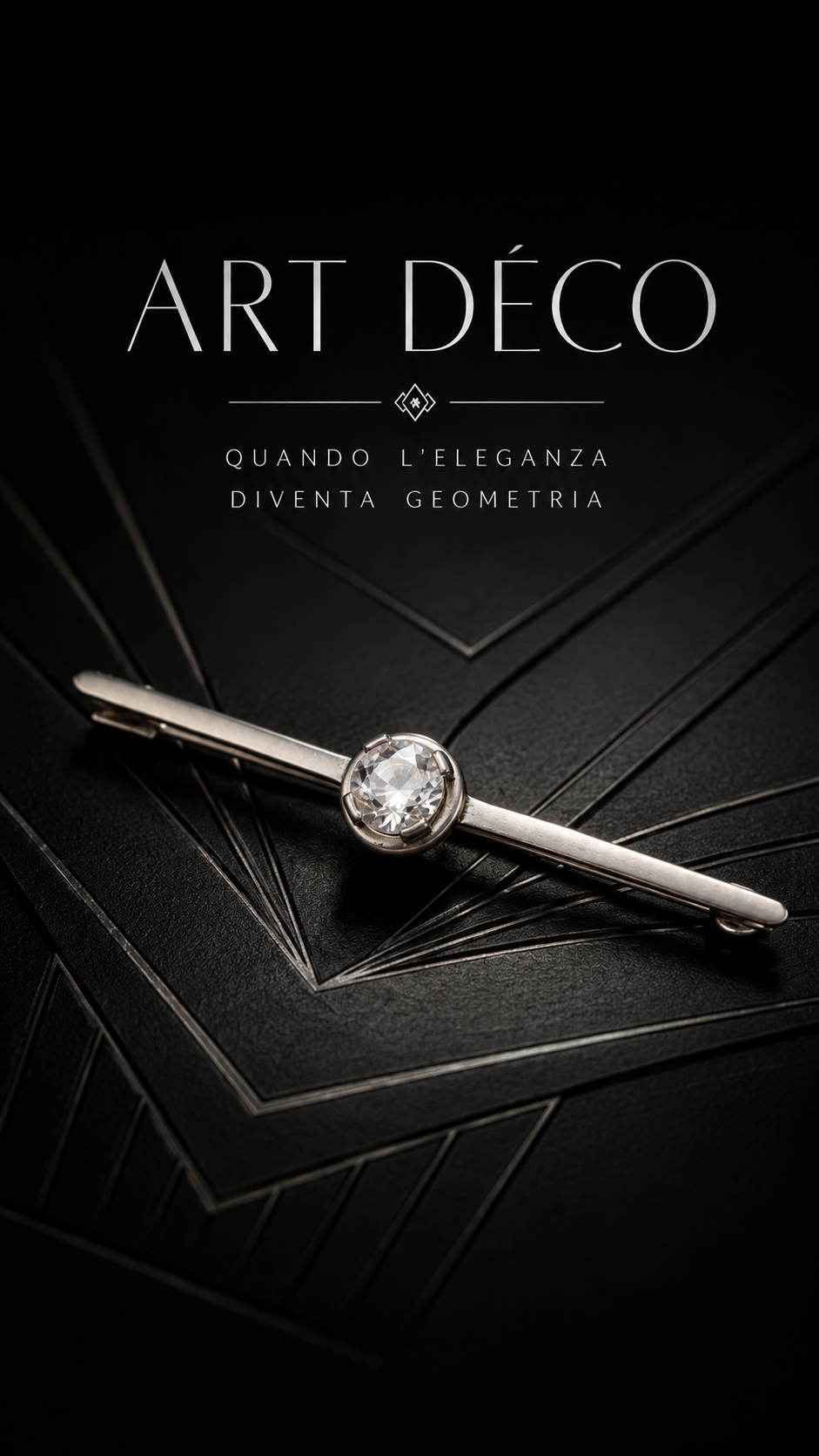 Antica spilla anni ‘20 art déco a barretta in argento massiccio, francese, con stupendo cristallo