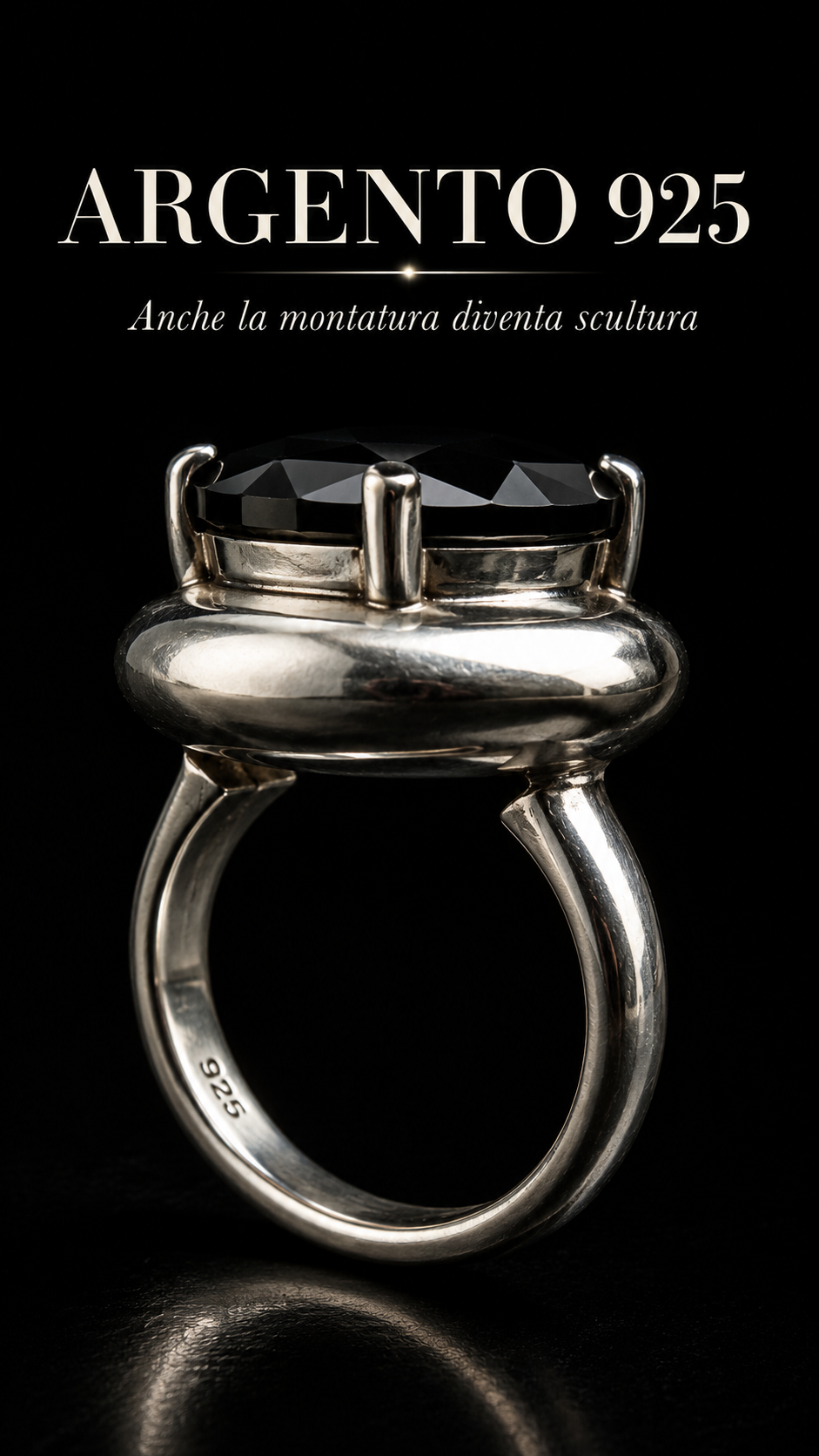 Importante anello con grande solitario cabochon sfaccettato nero, argento 925, punzonato, anni ‘70 ca