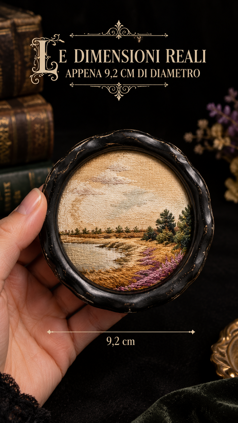 Antica miniatura ricamata con brughiera tardo vittoriana in cornice