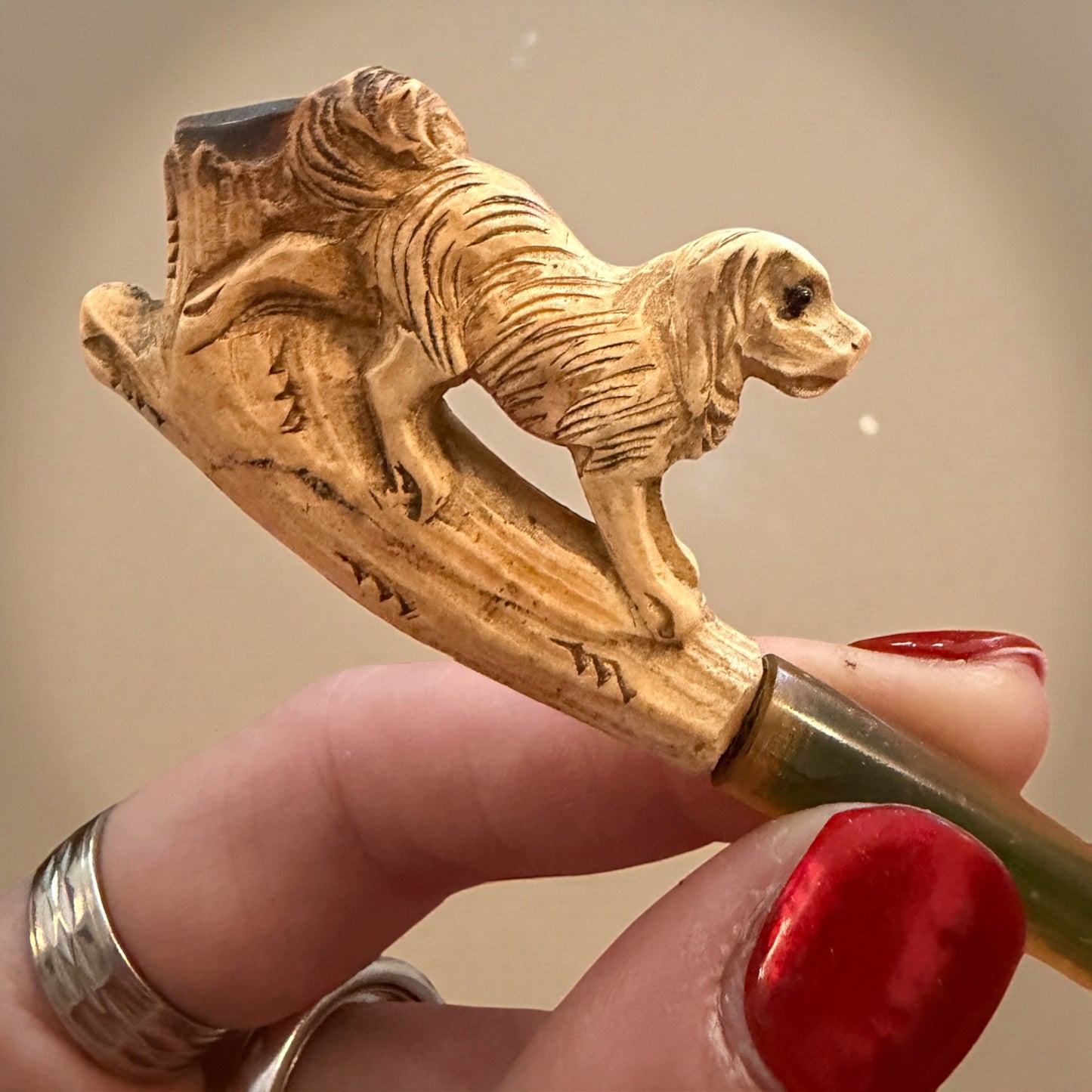 Antica pipa in schiuma di mare zoomorfa a guisa di cane, in custodia, fine ‘800