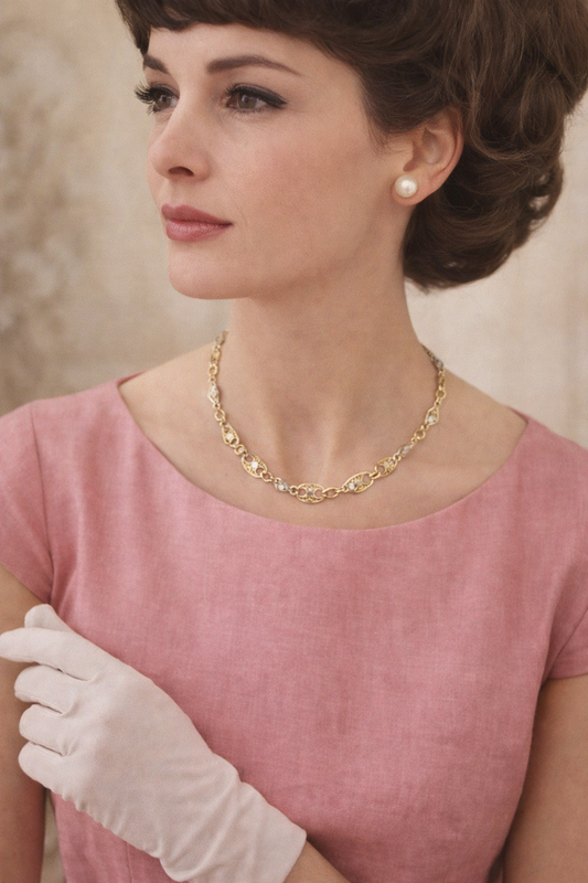 Collana in filigrana di argento e bagno dorato, anni ‘60 ca italiana nuova