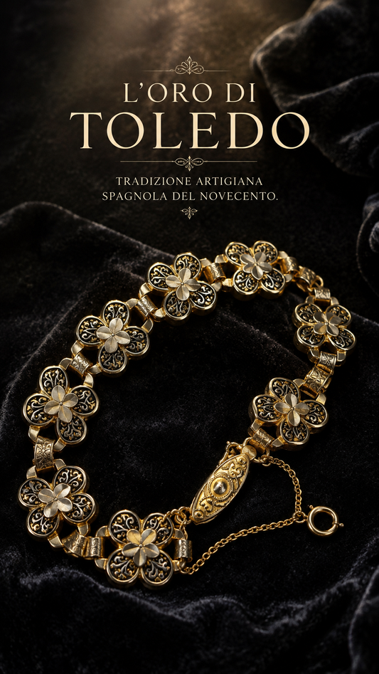 Bracciale “Oro di Toledo” arte spagnola, con catenella di sicurezza, anni ‘40-‘50