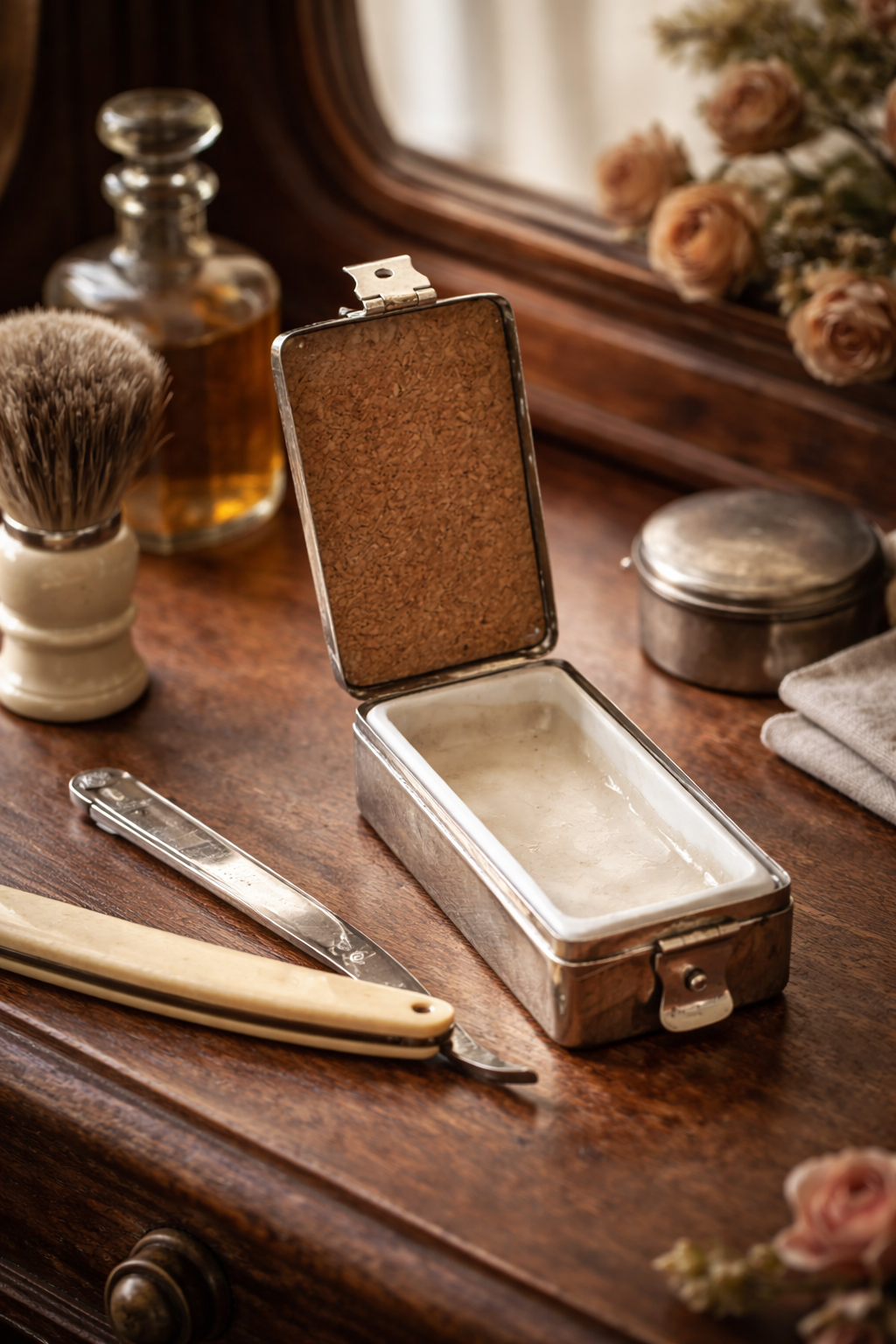 Antico contenitore per crema da barba in metallo argentato e vetro opalino, liberty anni ‘20