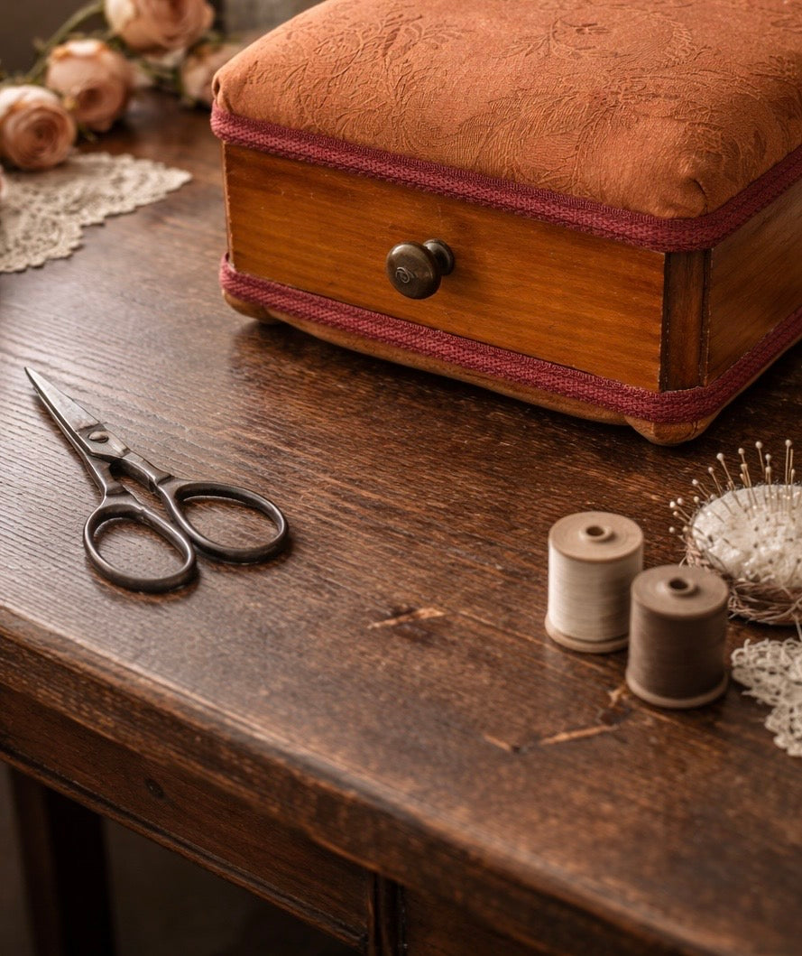 Mobiletto porta cucito, cassetto compartimentato e doppio pin cushion, anni 20-30