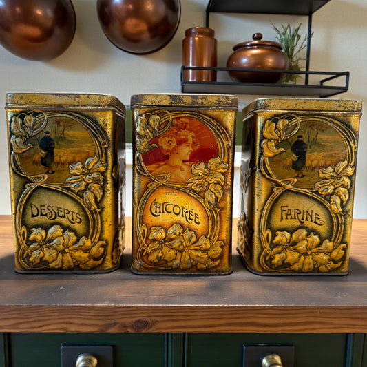 Set n. 3 antiche scatole di latta Leroux Cambrai rarissime art Nouveau per cicoria, dolci e farina.
