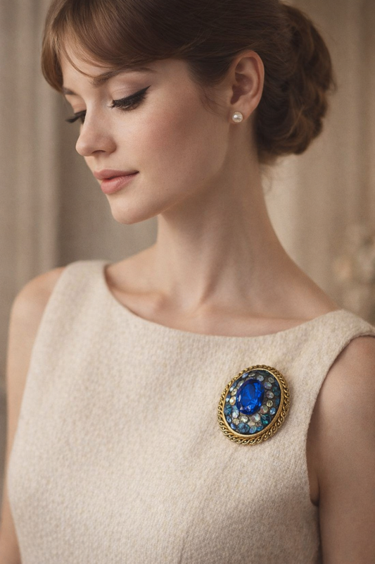 Spilla americana anni ‘60 stile Juliana / Weiss con cristalli blu e azzurri