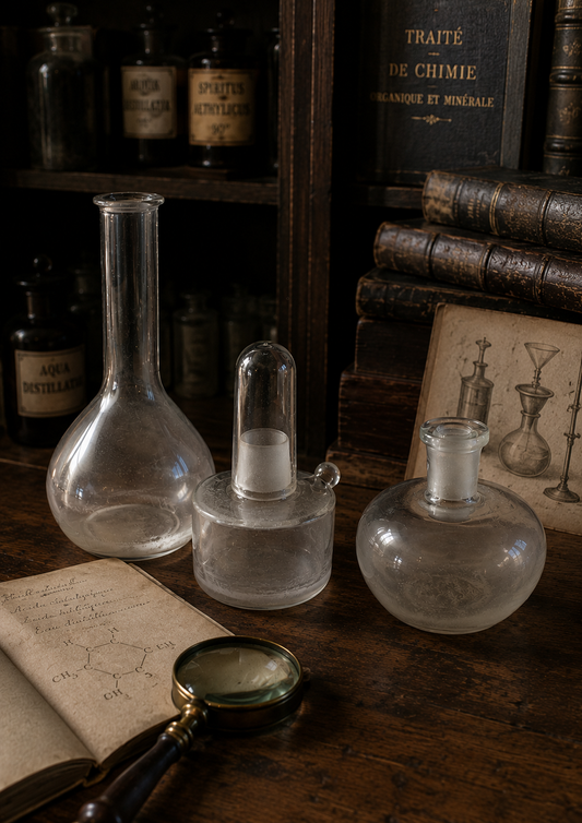Set da laboratorio in vetro prima metà ‘900, matraccio spiritiera e flacone da reagenti