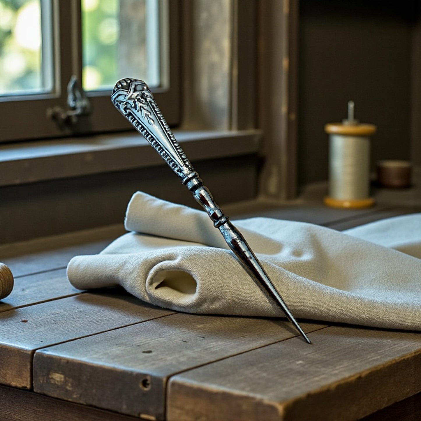 Punteruolo da ricamo e cucito con manico in argento, fine ‘800, punzonato francese