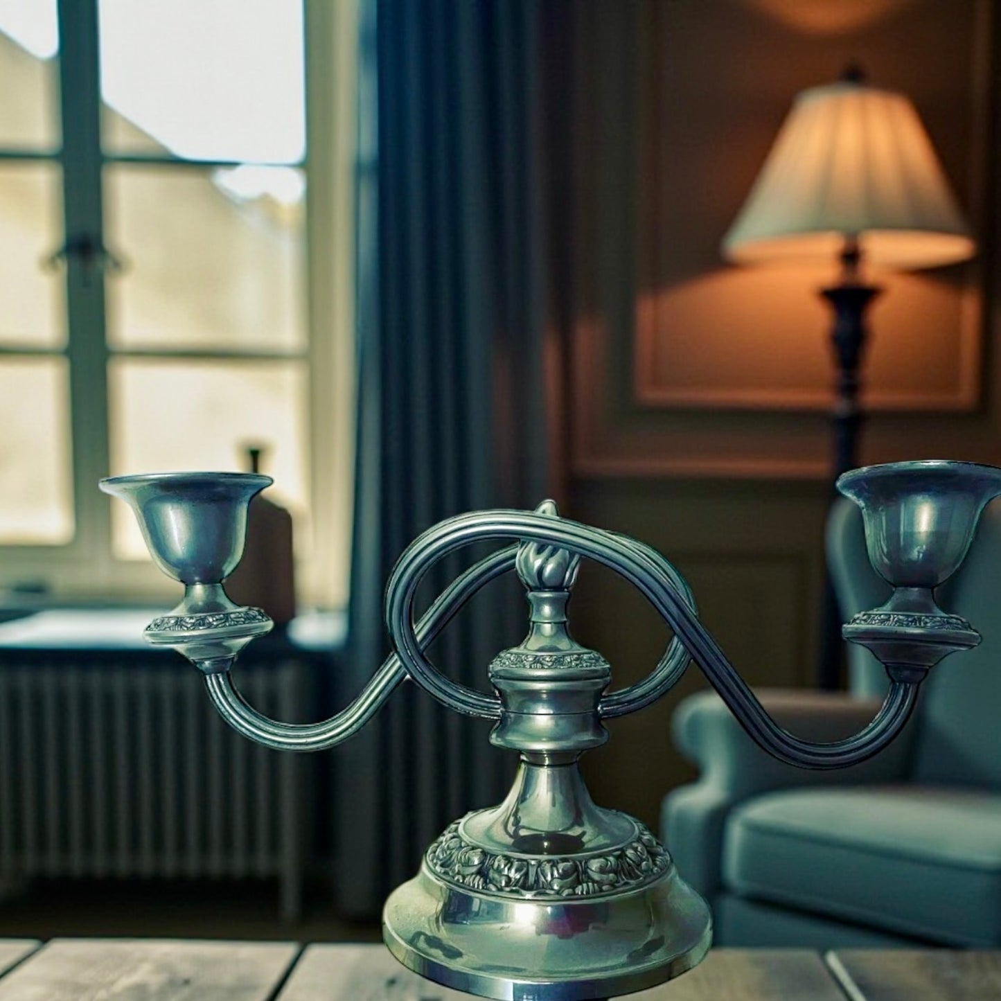 Candelabro argentato IANTHE a due luci, british anni ‘50