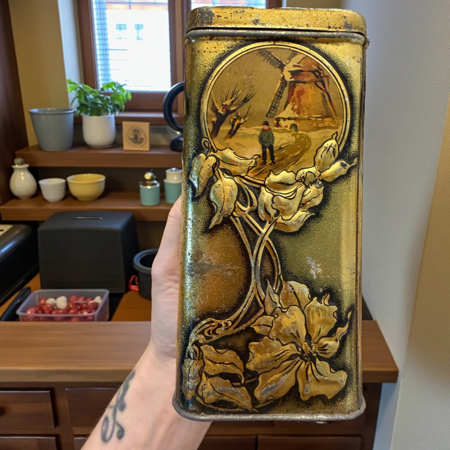 Set n. 3 antiche scatole di latta Leroux Cambrai rarissime art Nouveau per cicoria, dolci e farina.