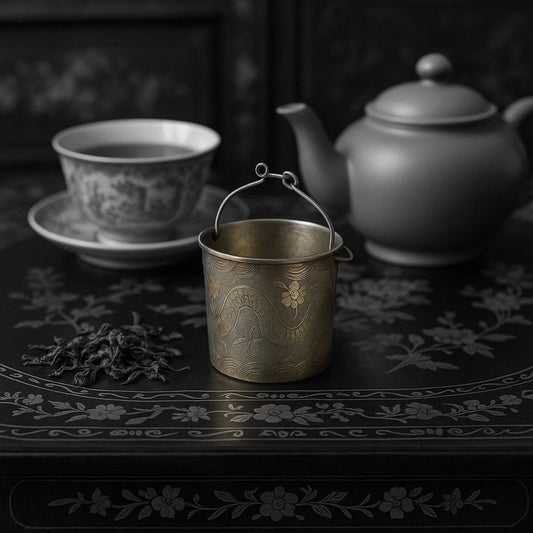 Antico filtro colino da tè con fenice orientale in argento, primo ‘900