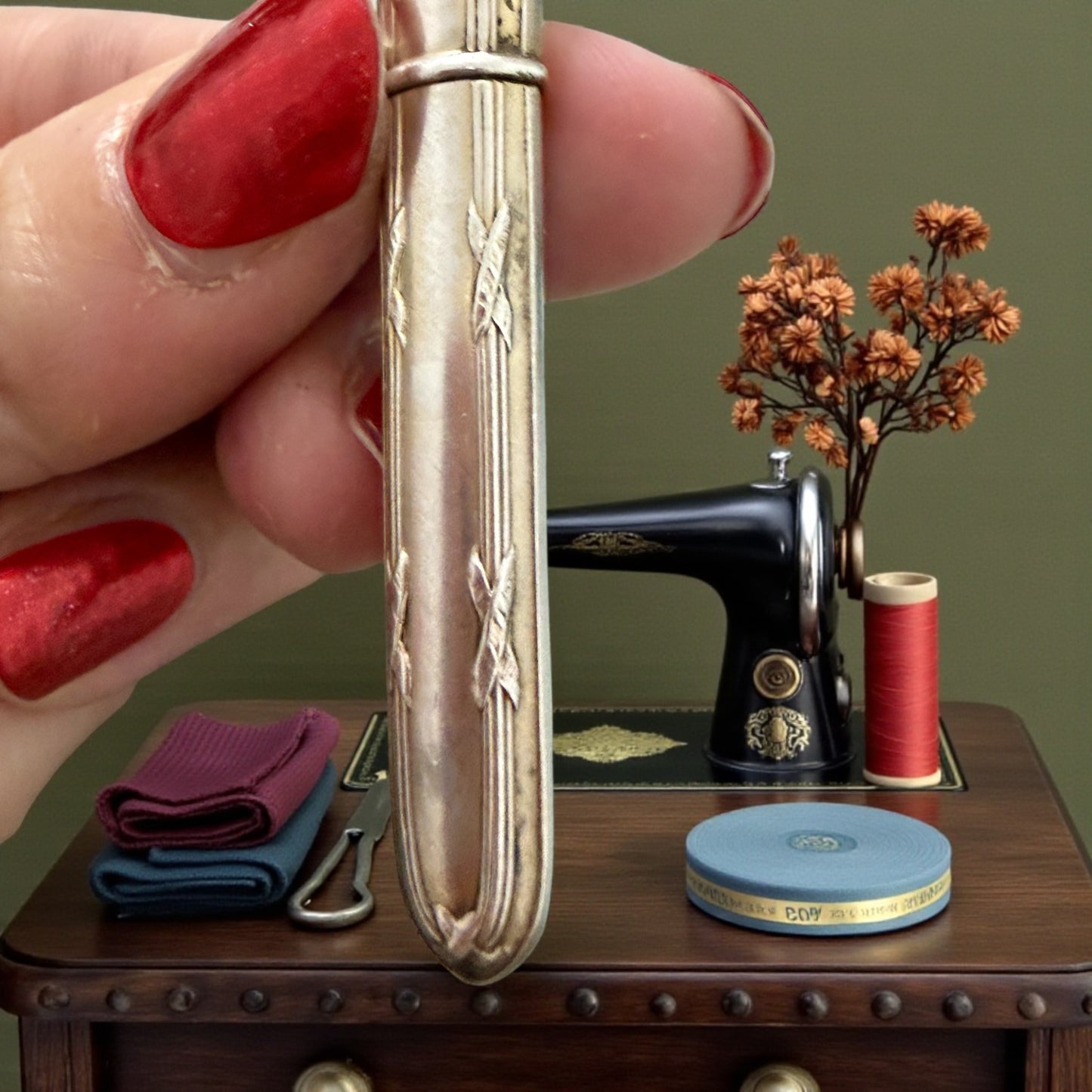 Needle case porta aghi in argento con motivi a nodo e a stelo, Art Nouveau puro