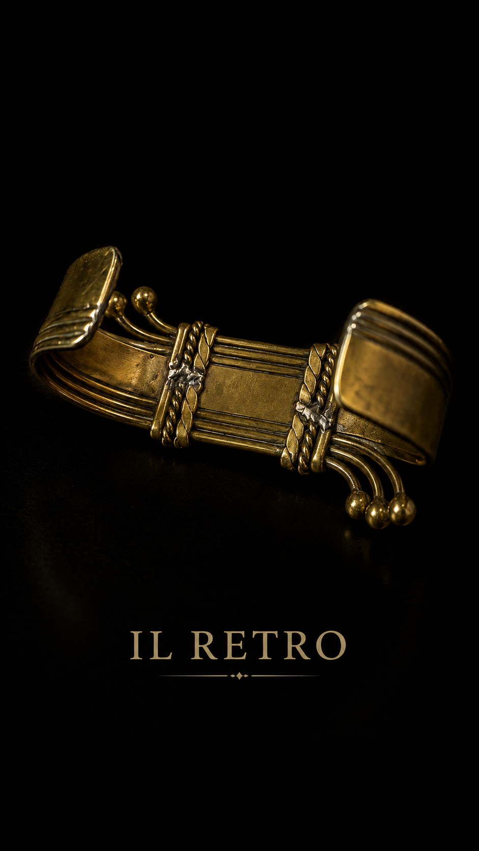 Stupendo bracciale in lega di rame e ottone con design modernista e cabochon quadrato di abalone madreperla