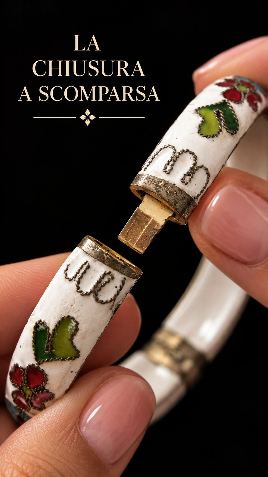 Bracciale rigido apribile in metallo e smalto cloisonné fiori con fondo bianco