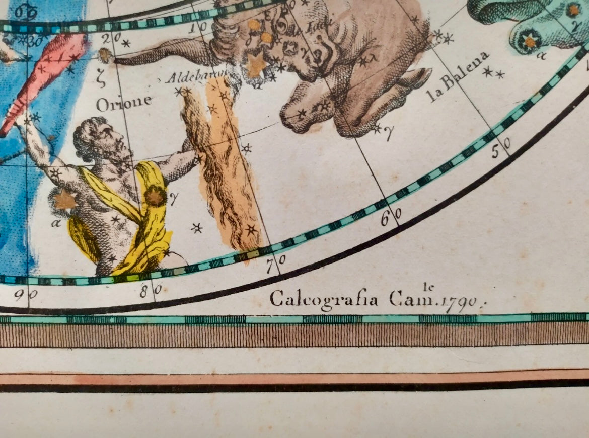 Planisfero celeste Giovanni Maria Cassini, emisfero boreale, tiratura ottocentesca acquerellata a mano