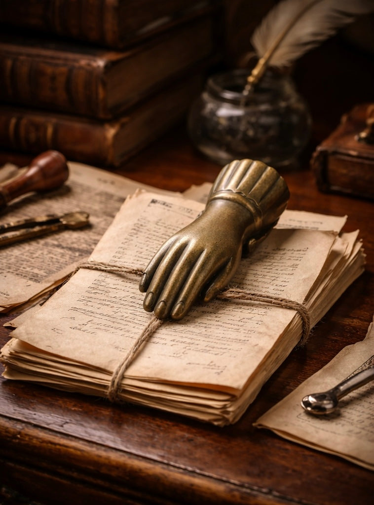 Antica pinza documenti a guisa di mano in ottone pieno, da studio legale primo ‘900