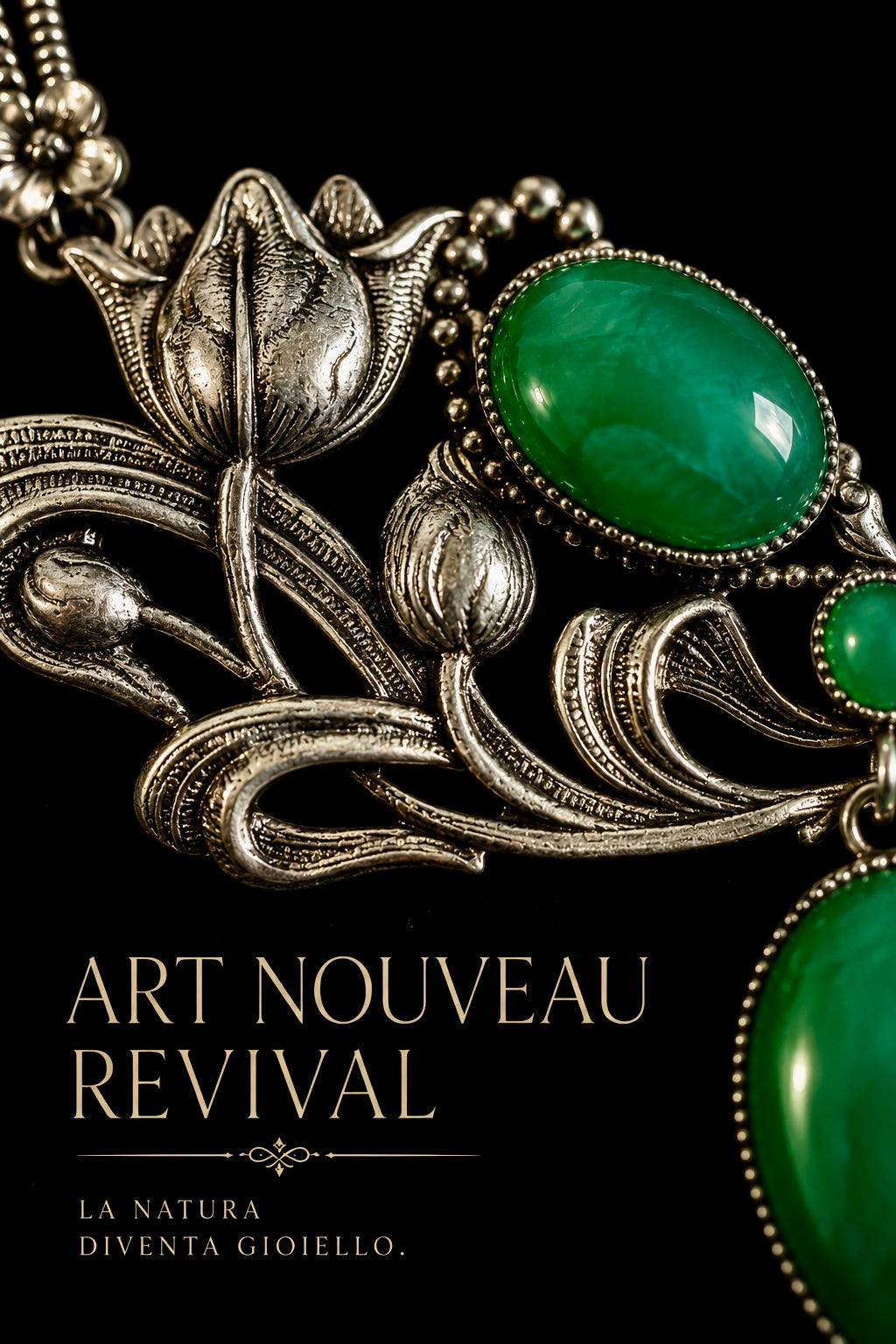 Collier GM liberty reborn argentato con cabochons in pietra verde, made in USA anni ‘50