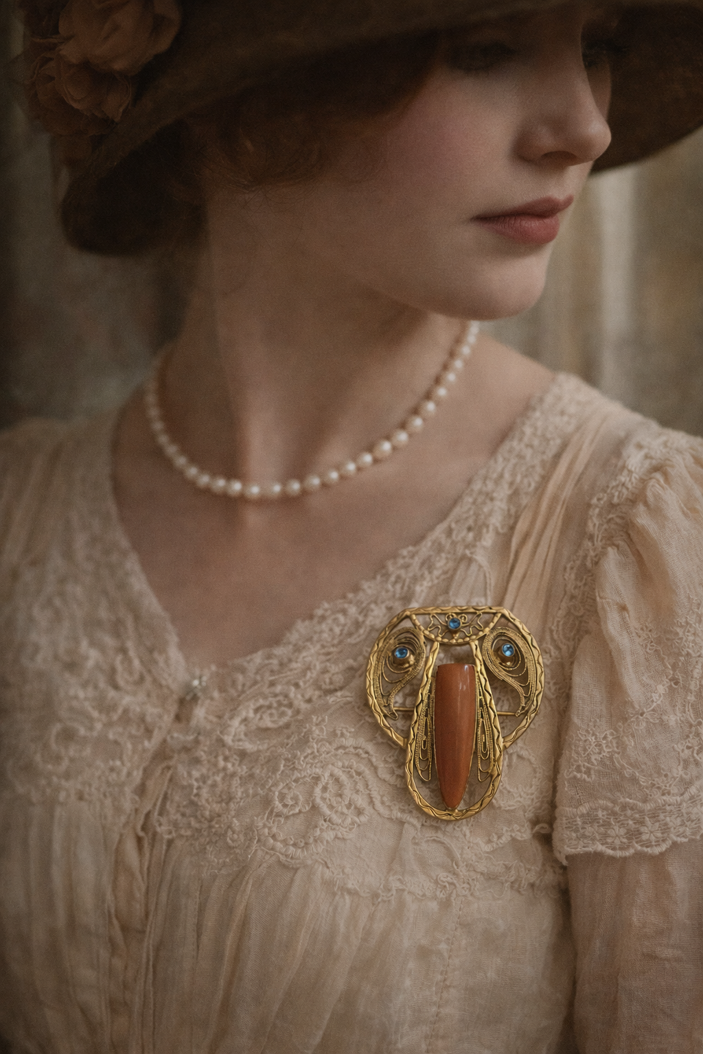 Spilla / pendente liberty in filigrana con cornalina e strass, ca anni ‘20