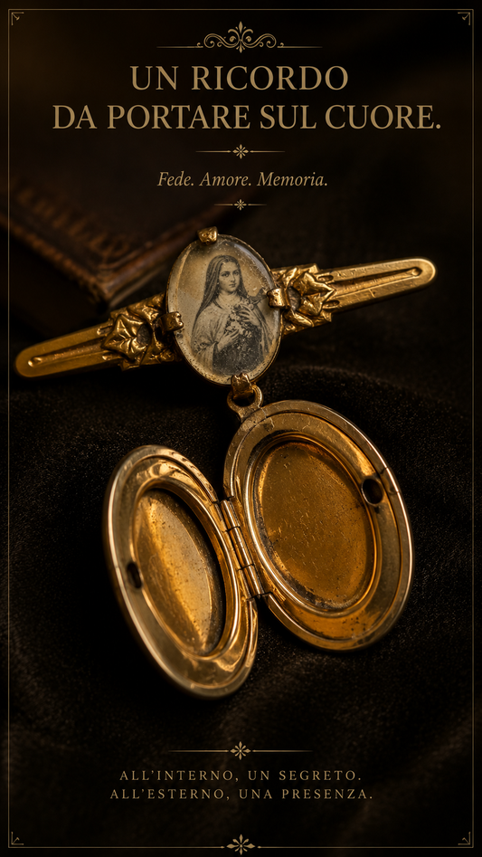 Antica spilla con pendente a scomparto segreto per reliquia, Santa Teresa di Lisieux