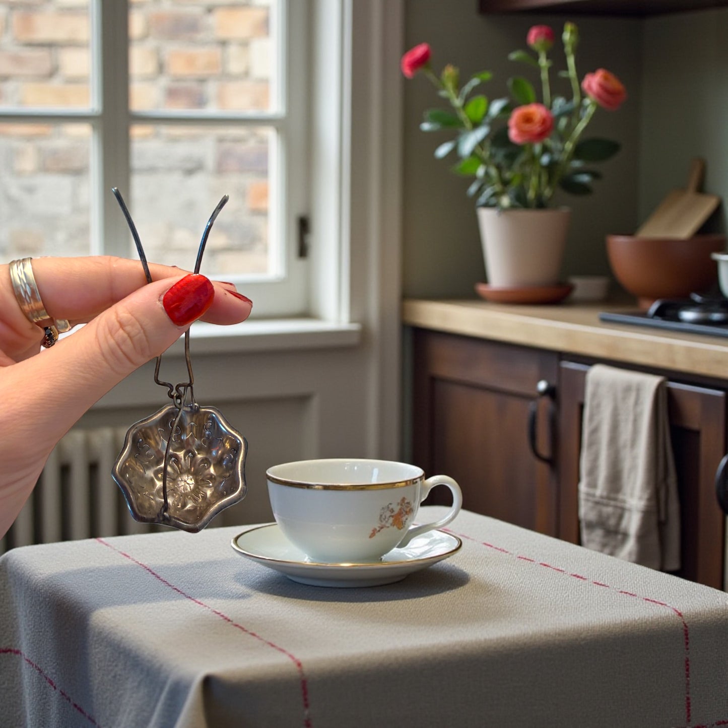 Antico passe-the argentato per filtrare risate e tè, primo ‘900