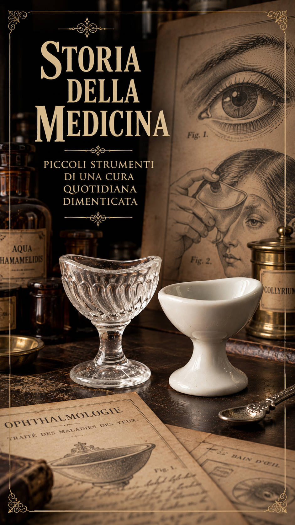 Coppia di Lavaocchi antichi, ceramica e vetro, strumenti medicali d’epoca
