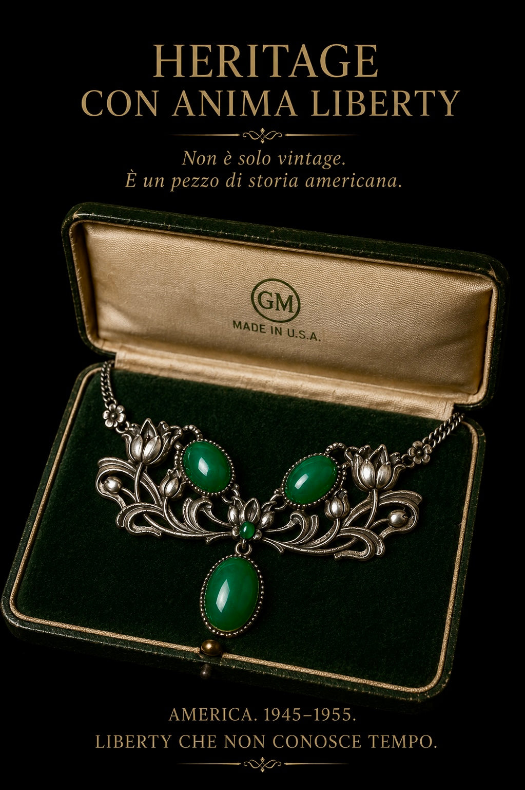 Collier GM liberty reborn argentato con cabochons in pietra verde, made in USA anni ‘50
