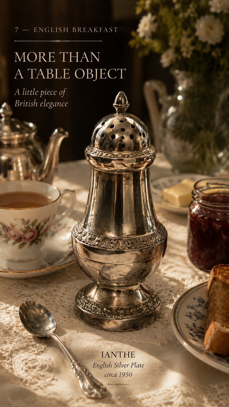 Sugar caster argenteria Inglese marchio Ianthe, ca anni ‘40