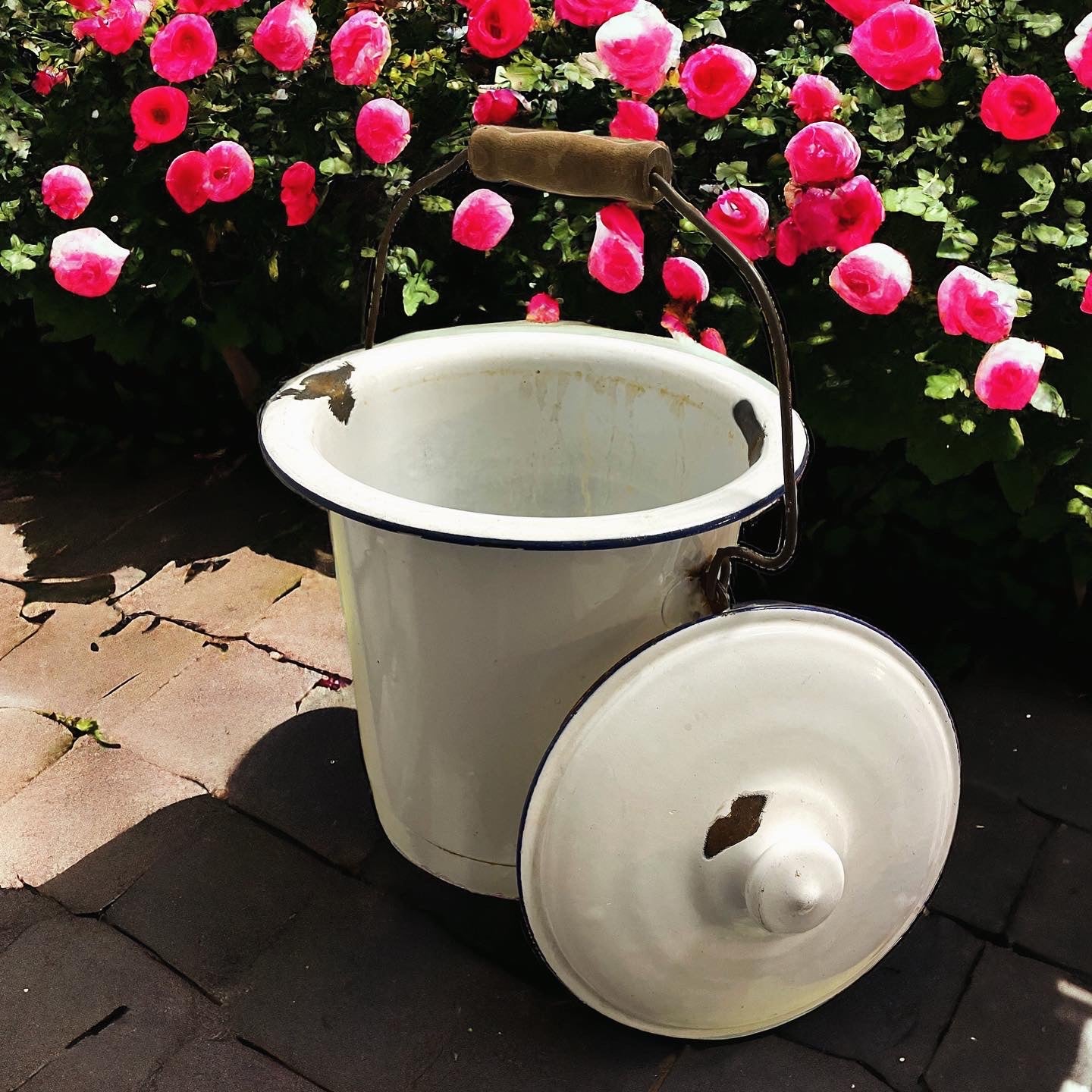 Antique enamel bucket with lid