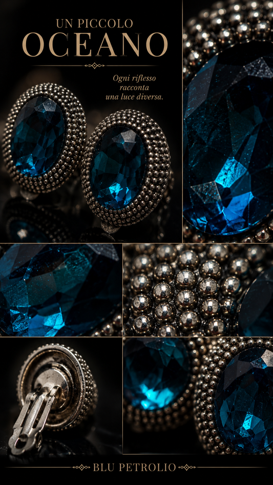 Orecchini con cristalli color blu petrolio a clip con cornice granulation effect