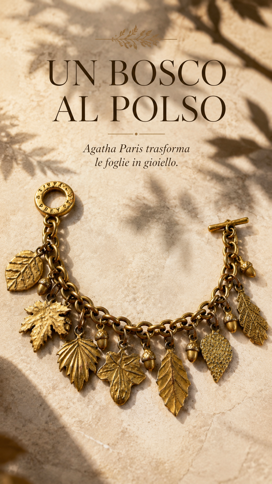 Bracciale vintage Agatha Paris con erbario di foglie e ghiande, anni ‘80