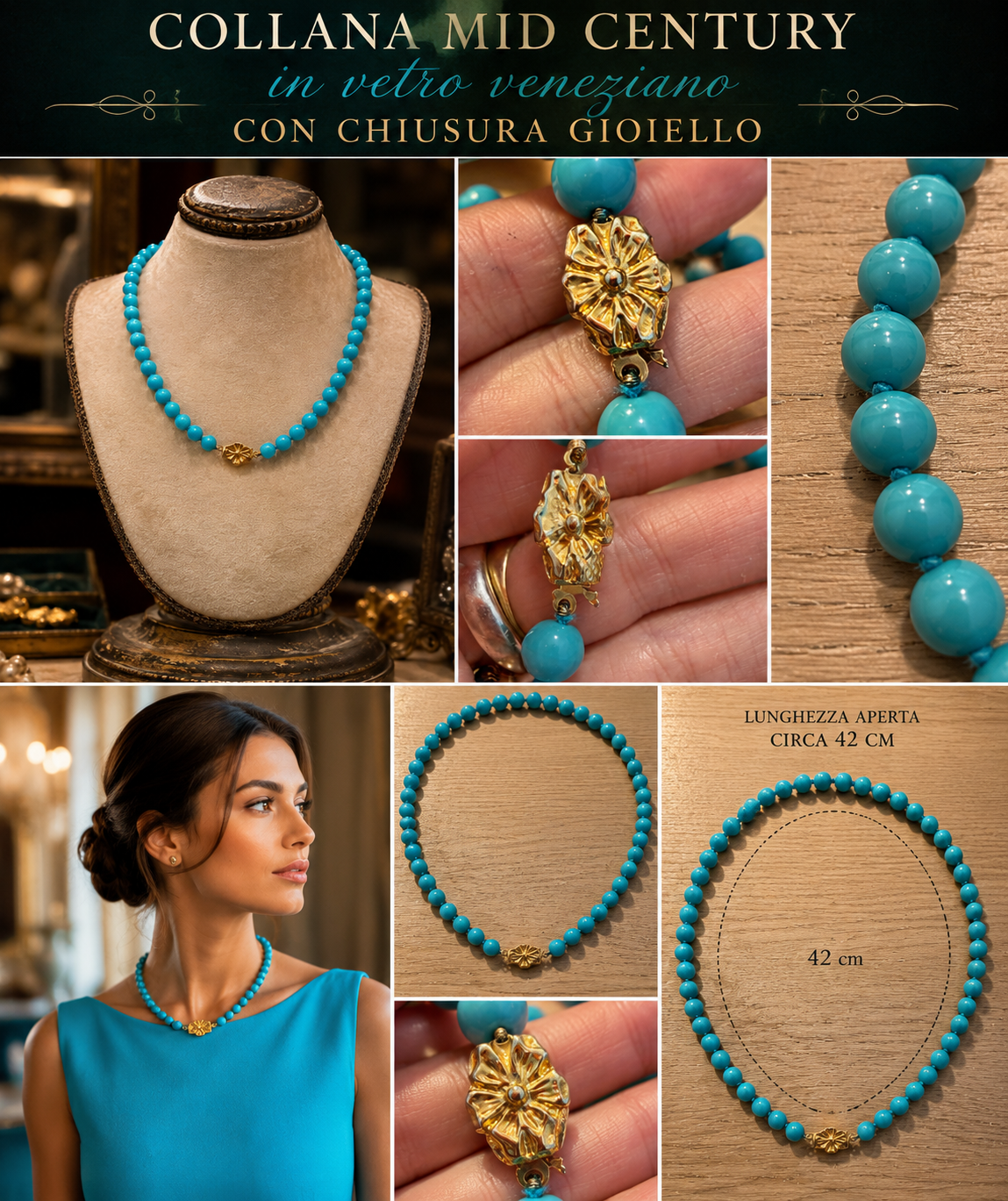 Collana choker in perle di vetro veneziano turchese con chiusura dorata, mid century 50s