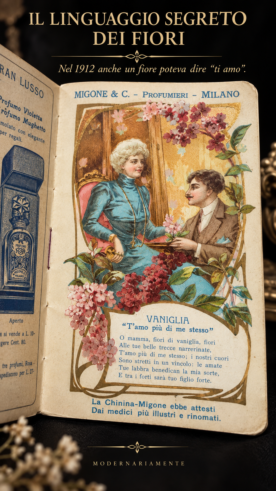 Stupendo ephemera completo 1912 Milano profumeria Migone floriografia Liberty