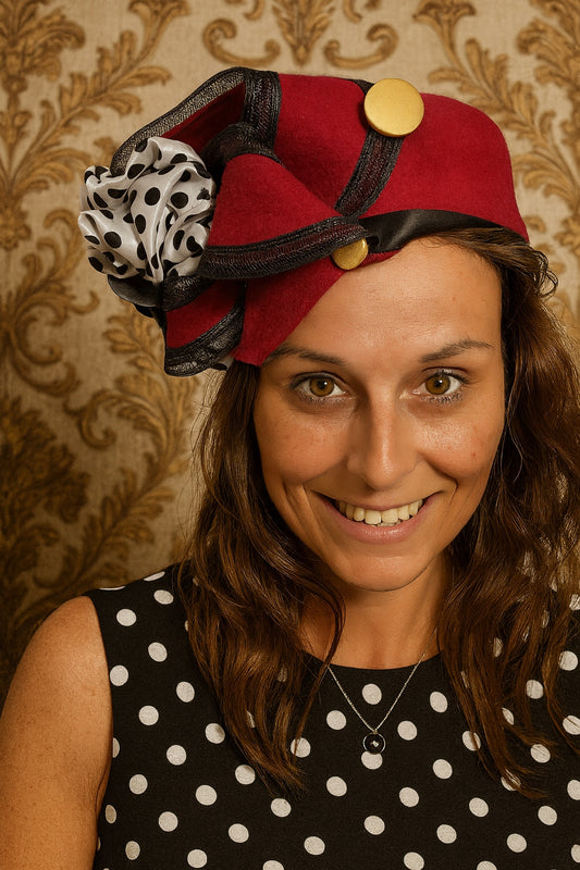 Cappellino pillbox anni ‘50 in feltro rosso rivisitato da stilista francese