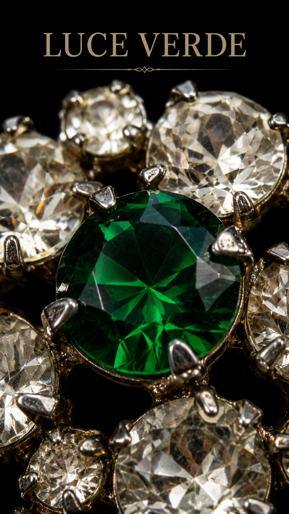 Waterfall brooch anni 40-50 con catenelle di strass in vetro e castone verde centrale
