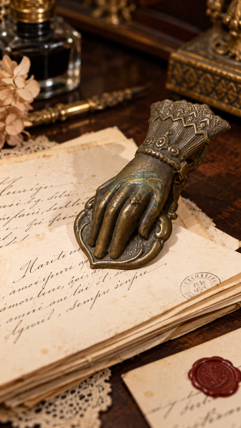 Antica pinza ferma documenti a guisa di mano bronzata