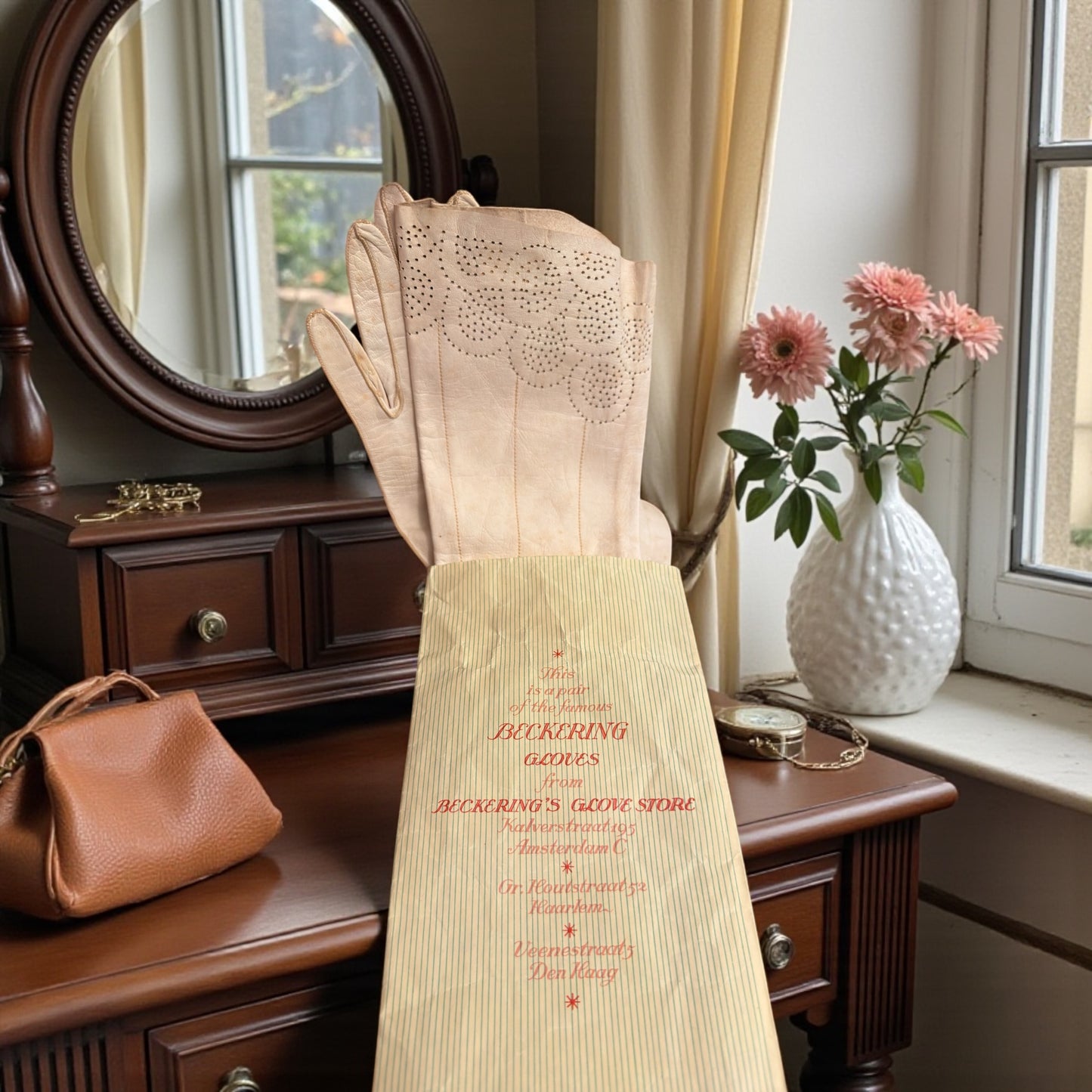 Antichi guanti al gomito in pelle traforata con bottoniera perle, anni ‘40 completi di originale busta Beckering