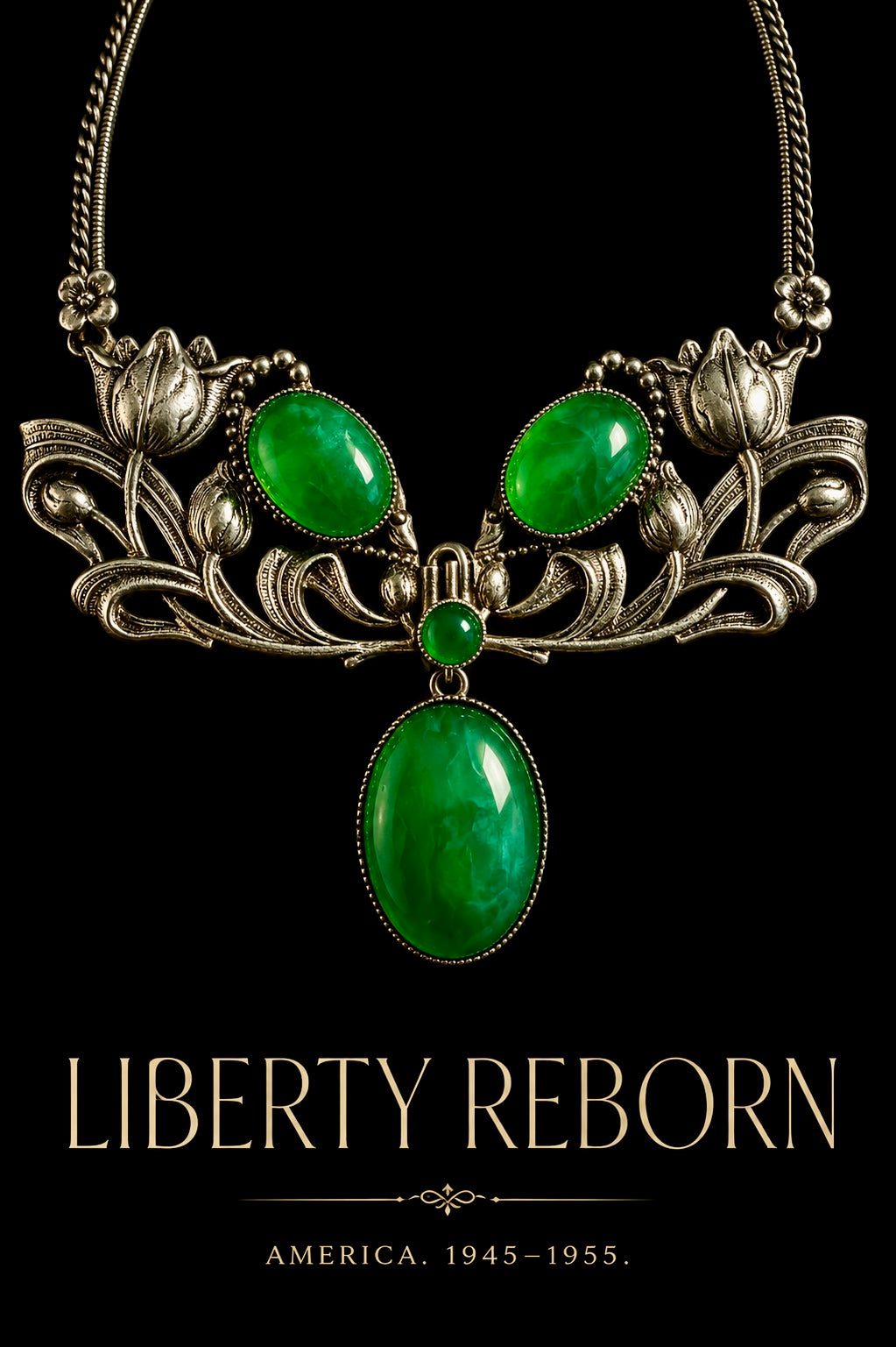 Collier GM liberty reborn argentato con cabochons in pietra verde, made in USA anni ‘50