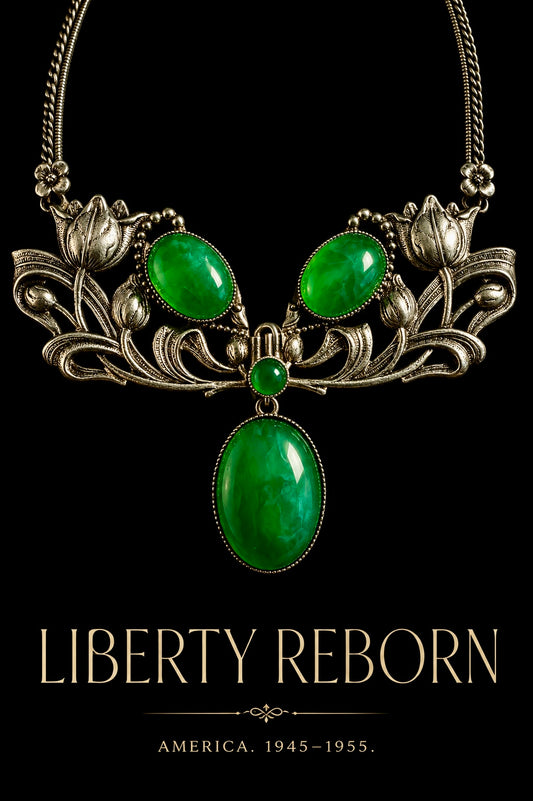 Collier GM liberty reborn argentato con cabochons in pietra verde, made in USA anni ‘50