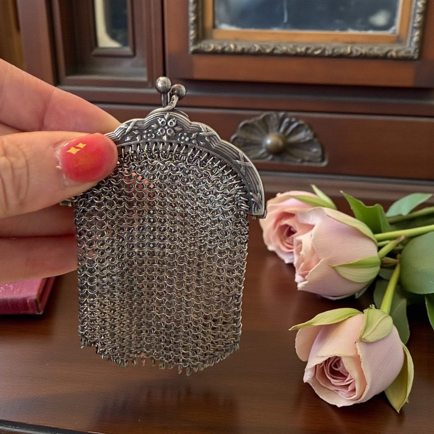 Antico portamonete borsellino da Chatelaine in argento massiccio, fine ‘800