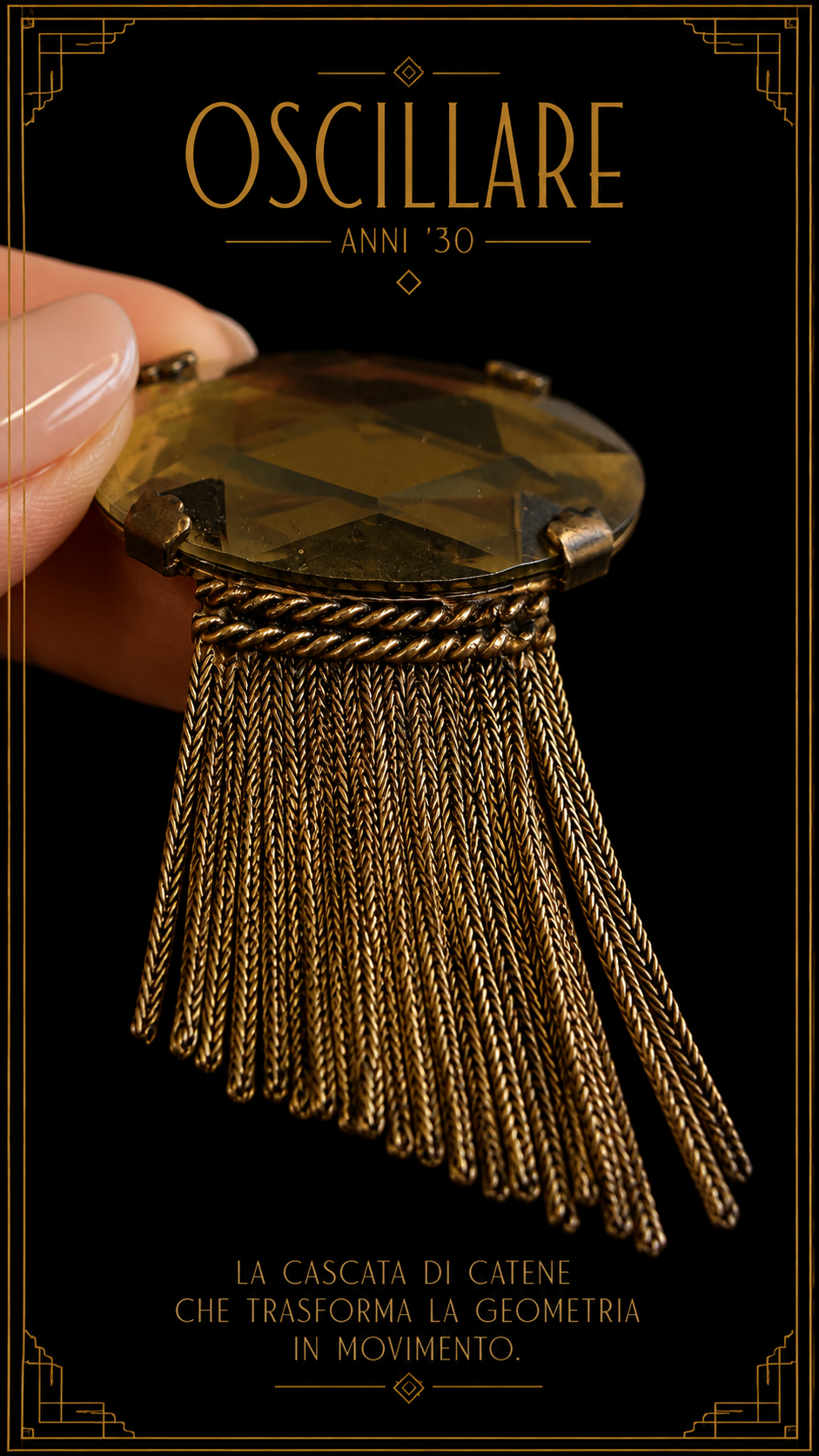 Spilla art déco scenografica con catenelle oscillanti, geometria in movimento, anni ‘30