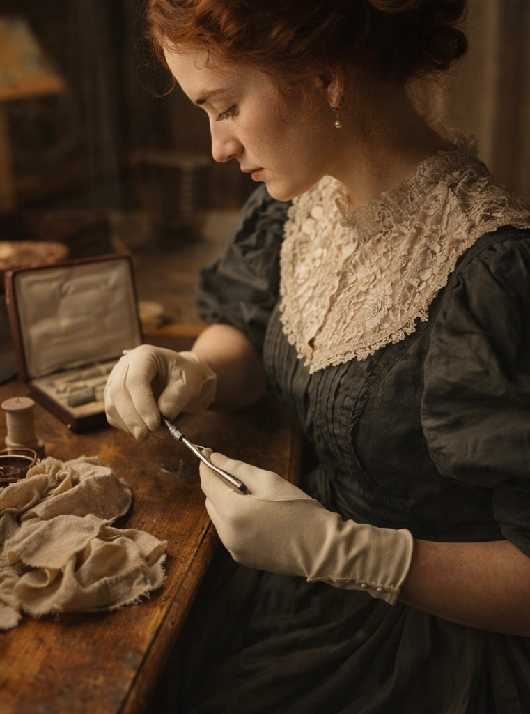 Antico set completo da cucito in custodia, placcato argento, liberty - tardo vittoriano