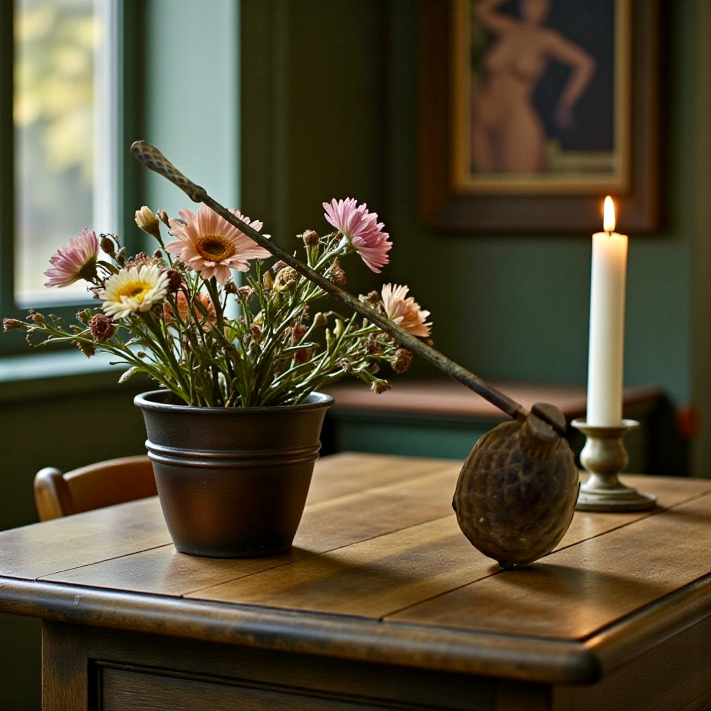 Spegni candele con campana mobile, decorato, in ghisa