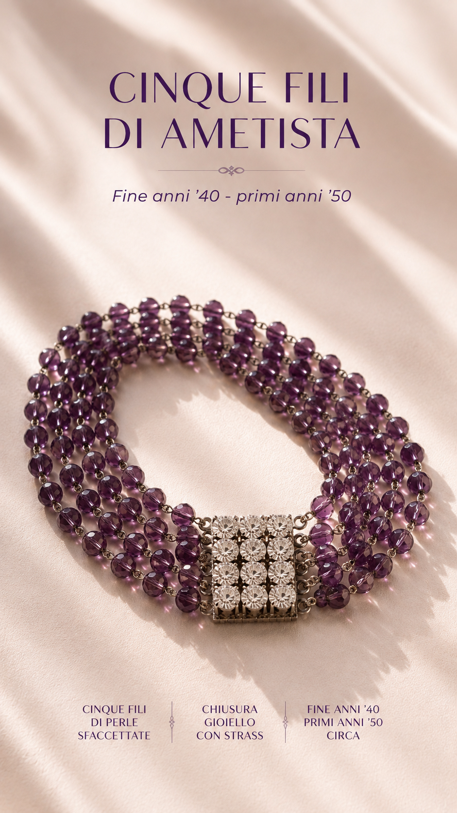Bracciale a cinque fili di perle di vetro sfaccettate con grande chiusura gioiello