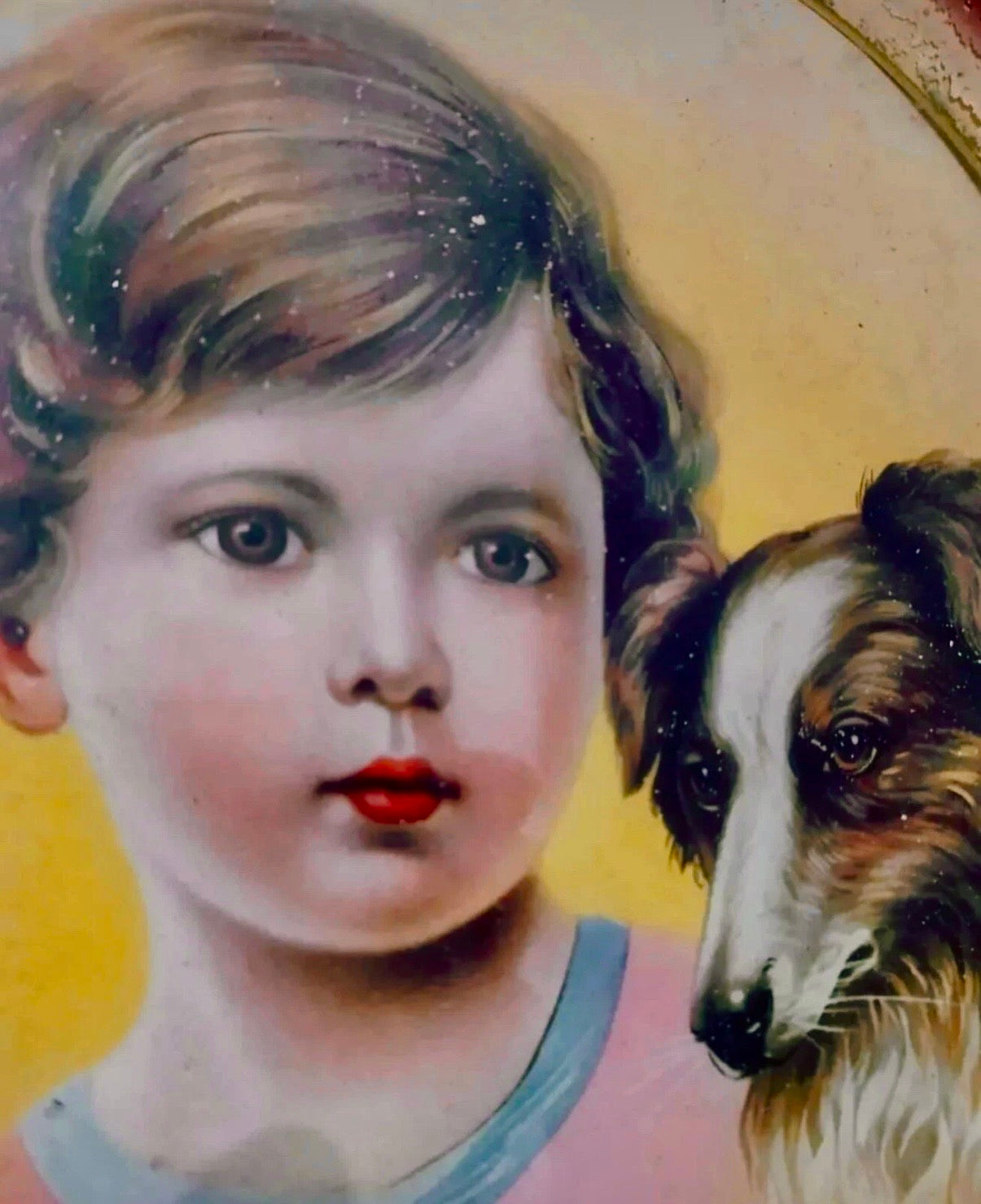 Cromolitografia in cornice con vetro d’epoca, bimba con cane, fine ‘800 - primo ‘900