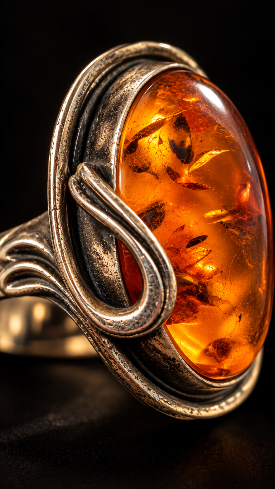 Anello in argento 925 con grande cabochon ambra liberty revival