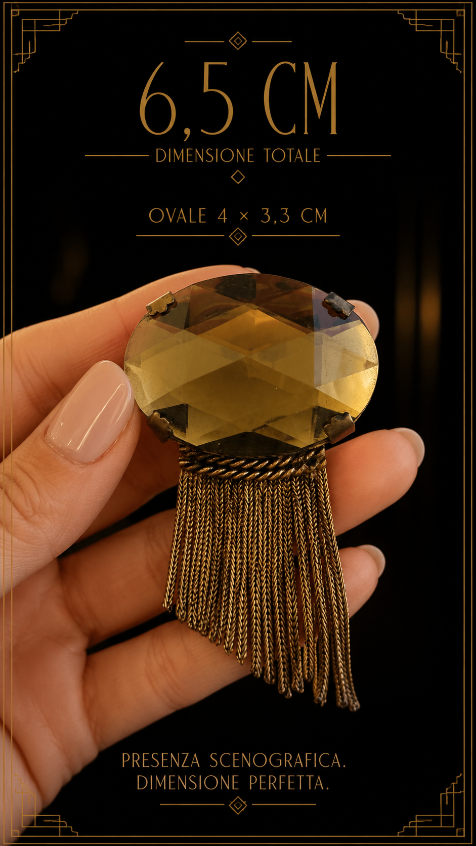 Spilla art déco scenografica con catenelle oscillanti, geometria in movimento, anni ‘30