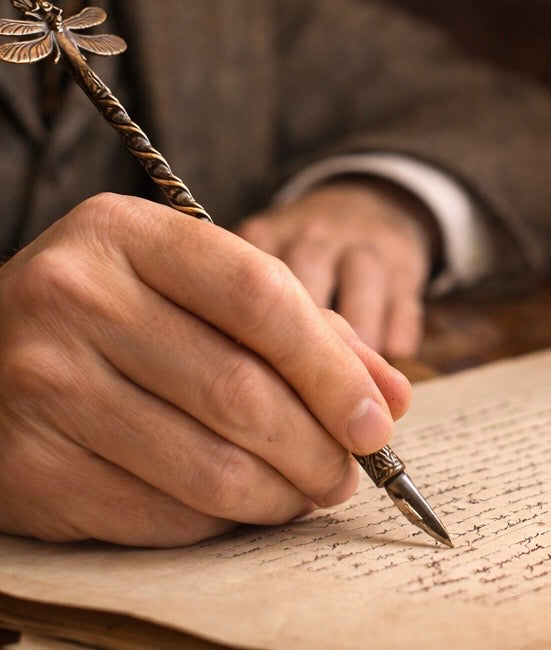 Porta pennino, stilo con pennino compreso periodo Liberty con decorazione libellula e fleur-de-lys