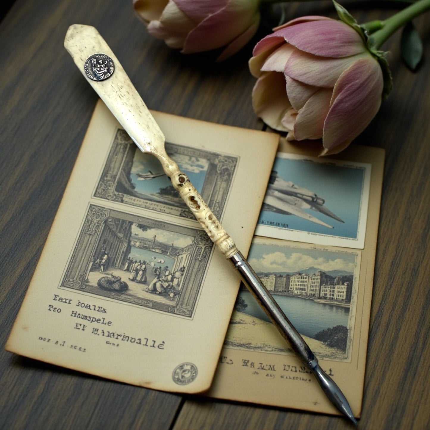 Antica penna da calamaio in osso con medaglia Notre Dame de la Garde e lente segreta Stanhope