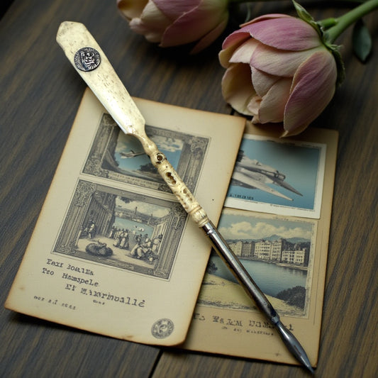 Antica penna da calamaio in osso con medaglia Notre Dame de la Garde e lente segreta Stanhope