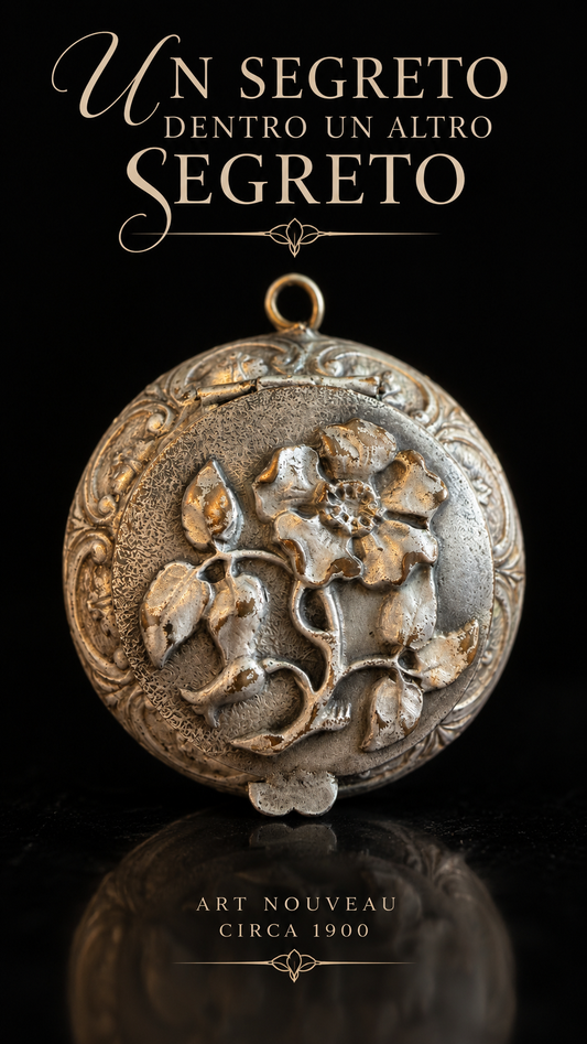 Pendente compact da Châtelaine con specchietto e fève d’epoca porta fortuna